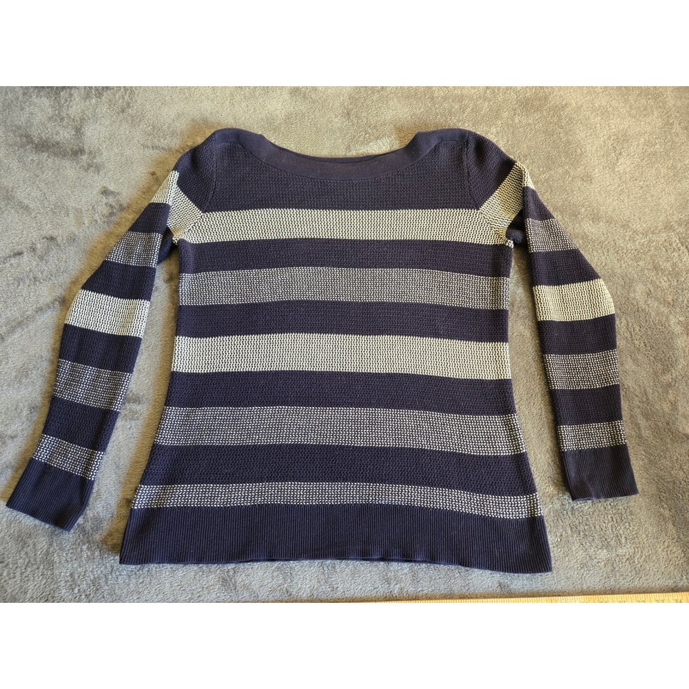 Market & Spruce Striped Sweater Womens XL Navy Cream Excellent Waffle Knit